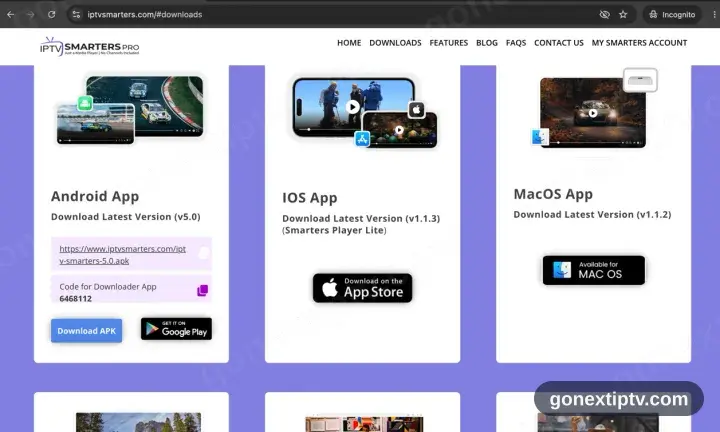 The IPTV Smarters downloads page with the MacOS app download button