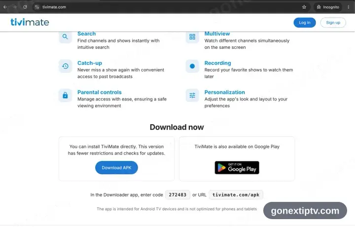 tivimate.com scrolled down to the Google Play and Install APK buttons