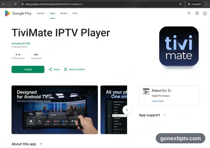 TiviMate on Google Play with Install showing