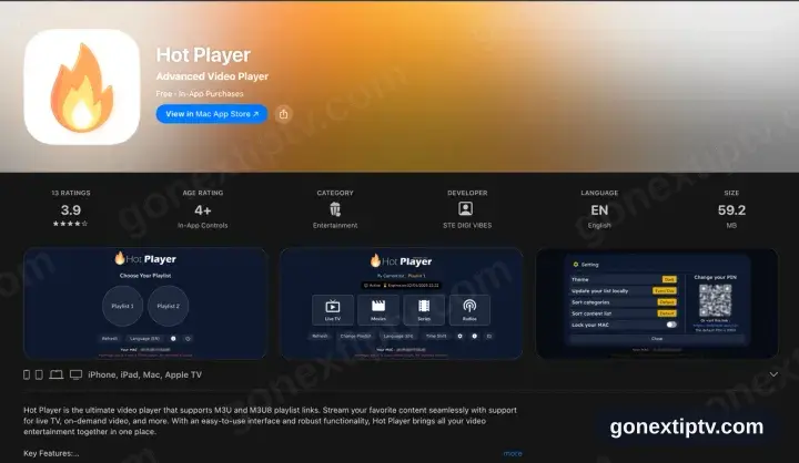 Hot Player App Store page showing iPhone, iPad, Mac and Apple TV support