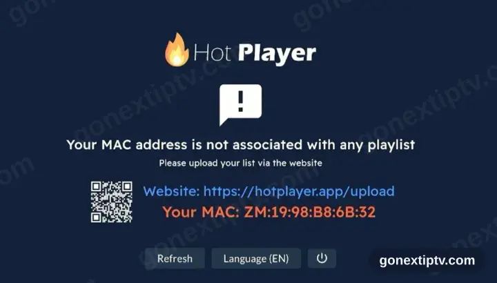 HotPlayer indiquant qu’aucune playlist n’est rattachée, avec son adresse d’envoi hotplayer.app