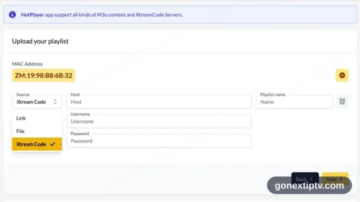 Formulaire d’envoi hotplayer.app avec Xtream Code sélectionné et les cases hôte, identifiant et mot de passe