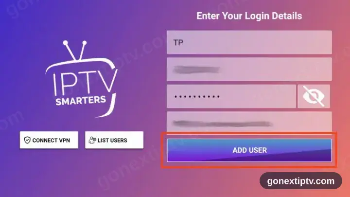 Zugangsformular von IPTV Smarters Pro: Benutzername, Passwort und Server-URL