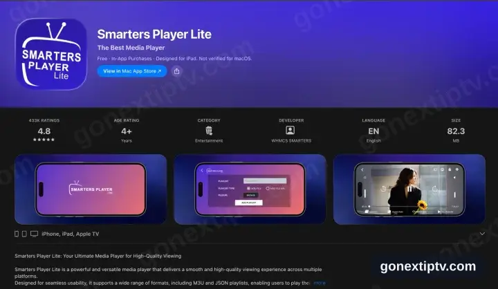 Smarters Player Lite App Store page showing iPhone, iPad and Apple TV support