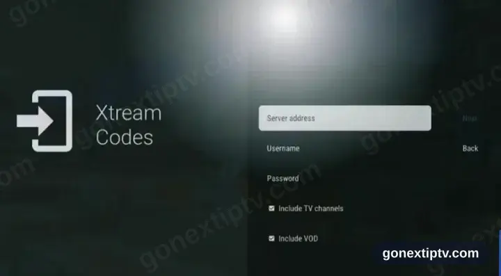 TiviMate Xtream Codes form: server, username, password