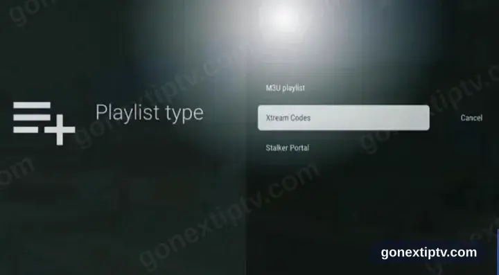 TiviMate playlist type screen, Xtream Codes picked