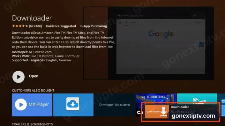 Downloader page reading Open, install finished
