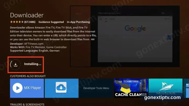 Downloader mid-install on the Firestick with a spinner