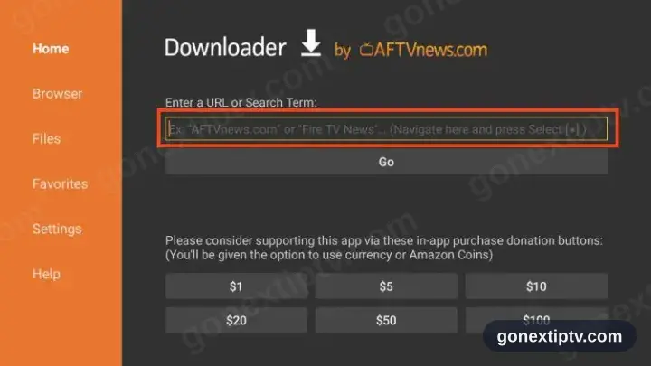 Downloader Home tab with the address box selected