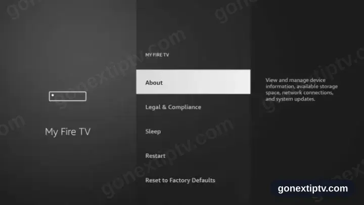 My Fire TV list with About in focus