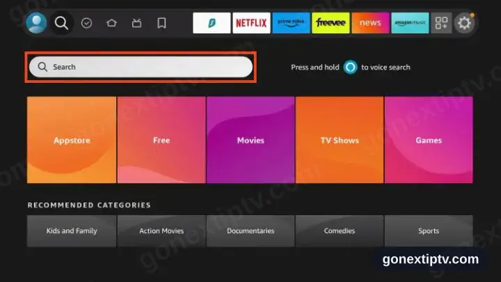 Fire TV home screen, magnifier open on the top row