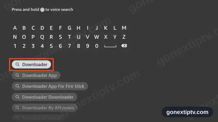 The word Downloader going into Fire TV search