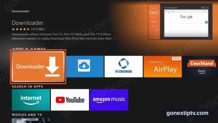 Orange Downloader tile picked out of the Fire TV results