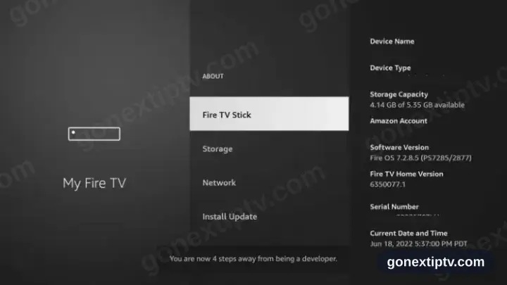 Developer message flashing on the Fire TV About screen