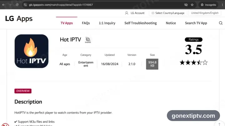 Die LG-Content-Store-Seite von HotPlayer