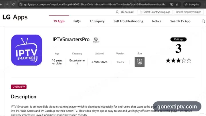 Die LG-Content-Store-Seite von IPTV Smarters Pro
