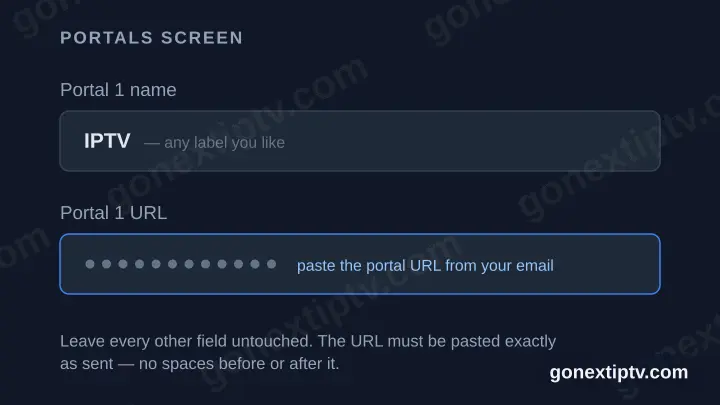 Diagram of the Portals screen showing the Portal 1 name field and the masked Portal 1 URL field.