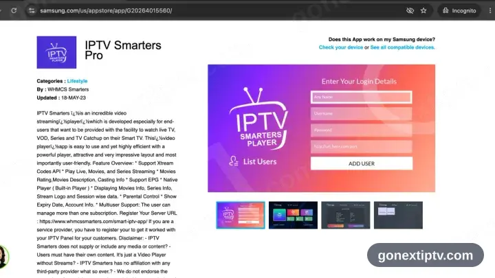 Die Samsung-Apps-Seite von IPTV Smarters Pro