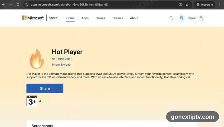 La fiche Hot Player dans le Microsoft Store
