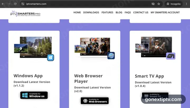The IPTV Smarters downloads page with the Windows app download button